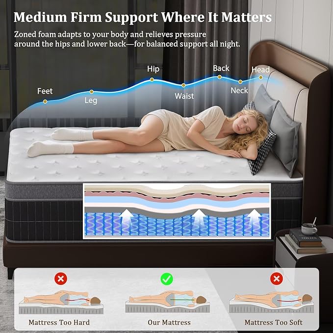 King Size Mattress in a Box 14 Inch Memory Foam Hybrid Mattress with Pocketed Springs Medium Firm Support Motion Isolation Edge Support 180 Night Trial