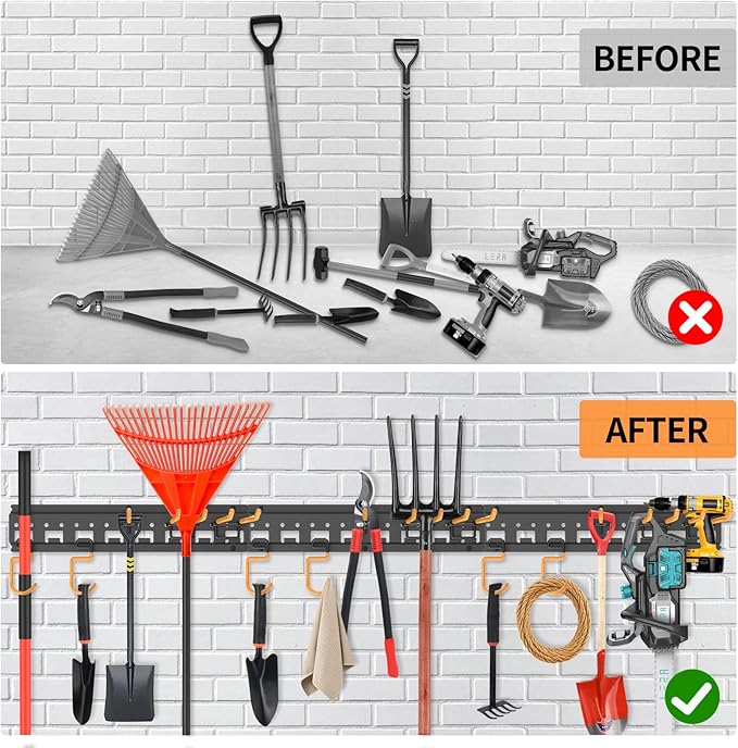 Garden Tool Organizer Wall Mount - Garage Storage and Organization Yard Tool Hanger with Adjustable Pegboard Hooks Shed Rack for Broom Mop Shovel Rake Trimmers, 48 inch Max 550lbs, Black