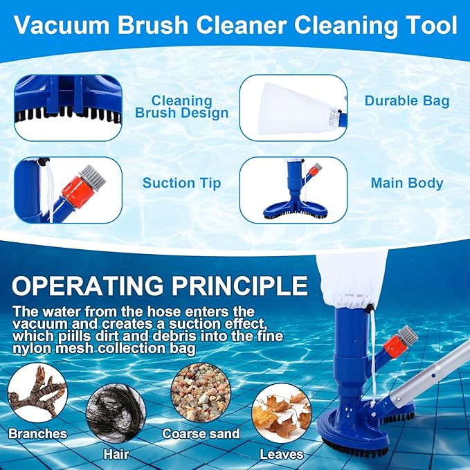 Tioncy 5 Pcs Jet Pool Vacuum Cleaning Kit with Skimmer Nets, Pool Brush and 47" Long Pole Adjustable for Above Ground Ponds Hot Tub Spa Wall Floor Cleaning, Easy to Set up