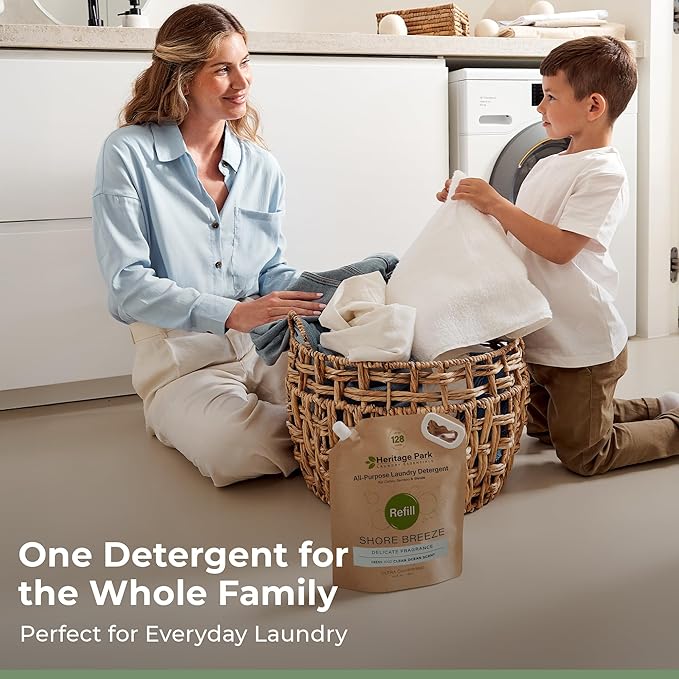 Heritage Park All-Purpose Shore Breeze, Lightly Scented, pH-Neutral Laundry Detergent - Stain-Fighting Enzymes, Ultra Concentrated (64 fl oz Refill Pouch)