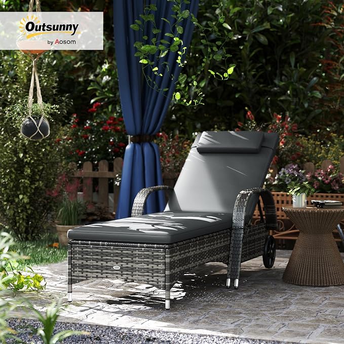 Outsunny Wicker Outdoor Chaise Lounge, 5-Level Adjustable Backrest PE Rattan Pool Lounge Chair with Wheels, Cushion & Headrest, Mixed Gray and Gray