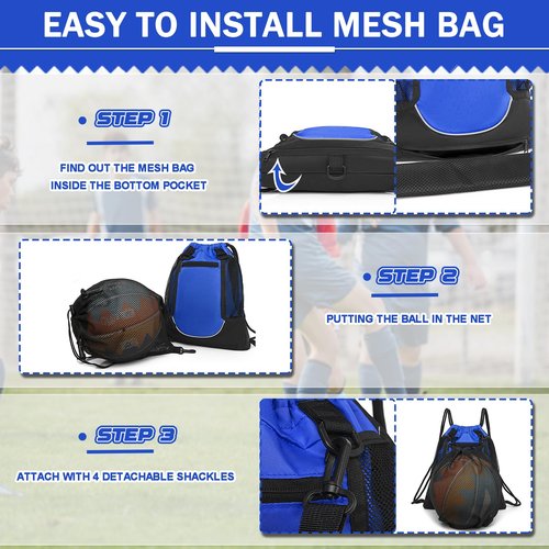 KAEGREEL Drawstring Soccer Bag Foldable Basketball Football Backpack Versatile Sports Bag with Detachable Ball Mesh Bag for Gym Volleyball Baseball Yoga, Blue