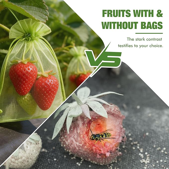 50 Pcs Drawstring Fruit Protection Bags, 4×6 Inch Green Mesh Fruit Net Covers, Anti-Bird Anti-Insect Garden Protective Bags for Fruit Tree, Tomato, Strawberry, Apple, Cherry, Grapes and Vegetables