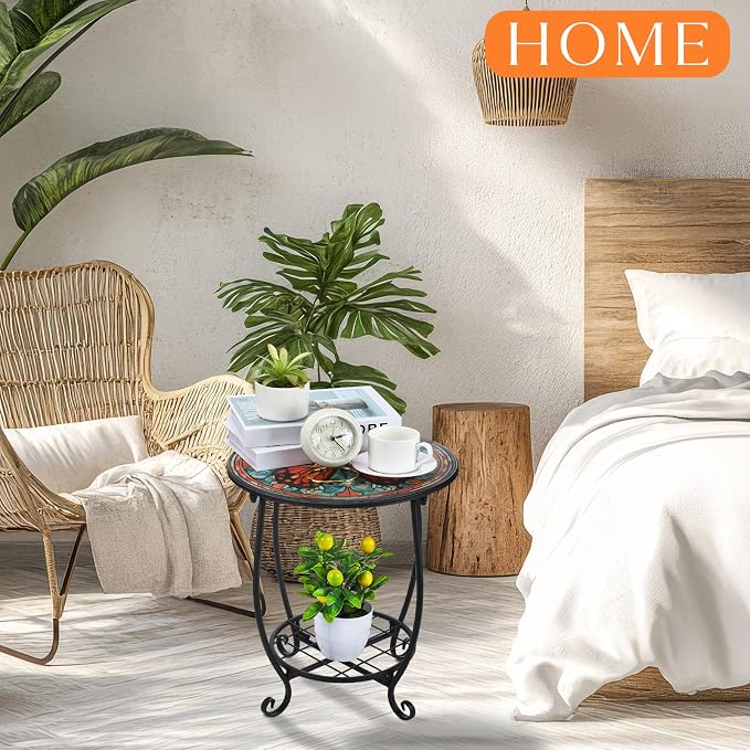 Cinnvoice Outdoor Side Table Round Small Mosaic Patio Accent Indoor End Plant Coffee Tea Table for Yard Patio Porch Garden Living Room, Bedroom(Butterfly B Style,18 Inch)