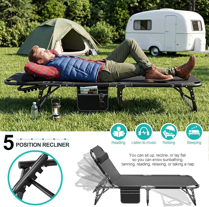 ABORON 3-in-1 Folding Patio Lounge Chair, 440LB Heavy-Duty Tri-Fold Guest Bed with Plush Cotton Cushion, No Assembly Adjustable Recliner for Office Nap, Patio Sunbathing, Poolside & Camping