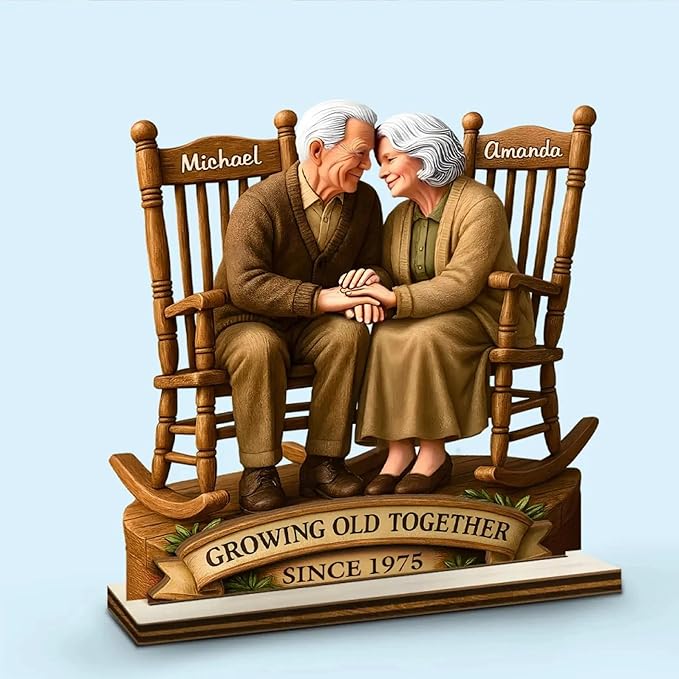 Personalized Wooden Couple Figurine, Growing Old Together Since 1975, Custom Engraved Retirement, Anniversary for Parents and Grandparents, Personalized Family Keepsake