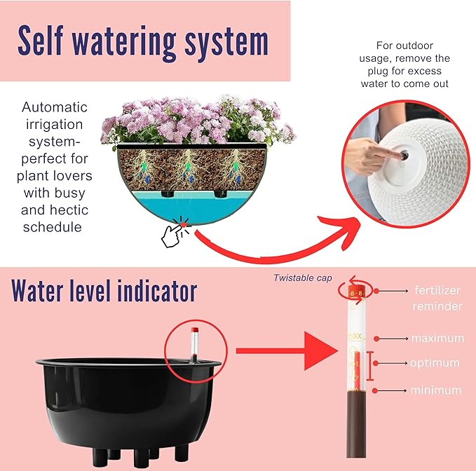 LaLaGreen Indoor Hanging Planter (11 Inch, 1 Pack) Self-Watering Round Basket with Water Level Indicator, Rattan Style Flower Pot Black Metal Chain for Deck Porch Patio Garden Balcony Outdoor Decor