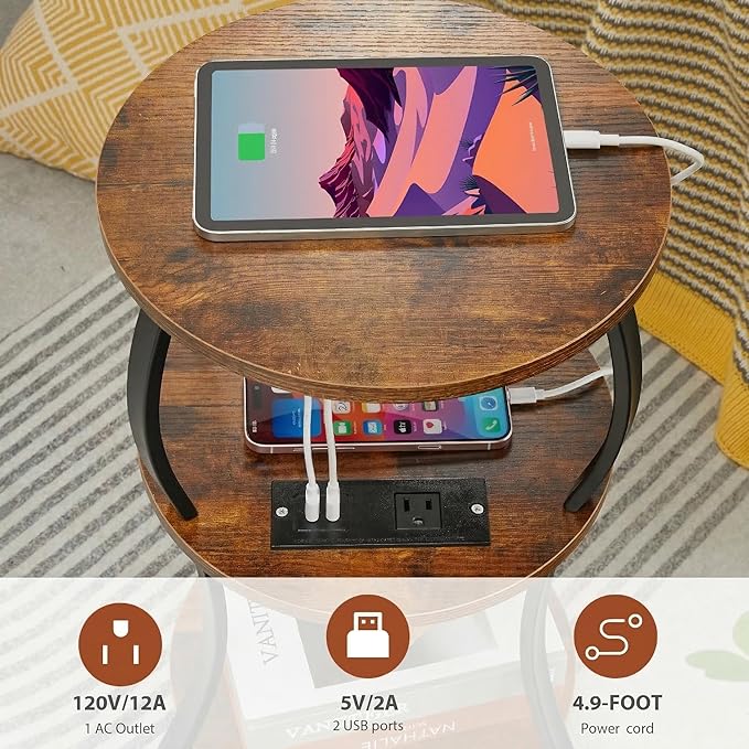 Small Round Side Table with Charging Station, 3-Tier Waist Circular End Table with Storage Shelf, Compact Tea Sofa Side Table Small Spaces, Round Corner Coffee Table for Living Room Bedroon,Brown