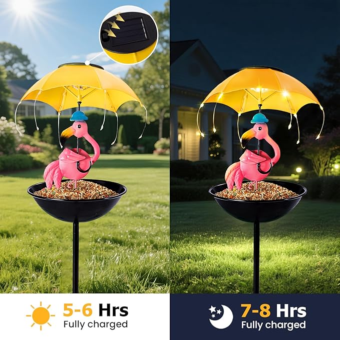 Solar Bird Feeder Garden Decor, Outdoor Solar Lights with Umbrella, Hummingbird Feeder Decorative Path Lights Yard Art Ornament Bird Feeder (Flamingo)