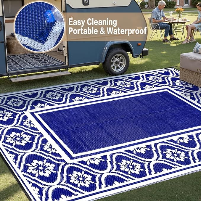 Patio Rug 5'x8' Waterproof Outside Area Rugs Reversible Light Blue Outdoor Plastic Straw Carpet for RV Deck Camping Entryance Porch Picnic Balcony Beach
