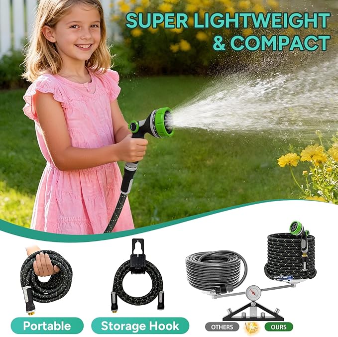 Garden Hose 25FT, Flexible Lightweight Non-Expandable Water Hose with 10 Function Nozzle, No-Kink, Leak-Proof, Burst-Resistant, High-Pressure for Yard, Outdoor