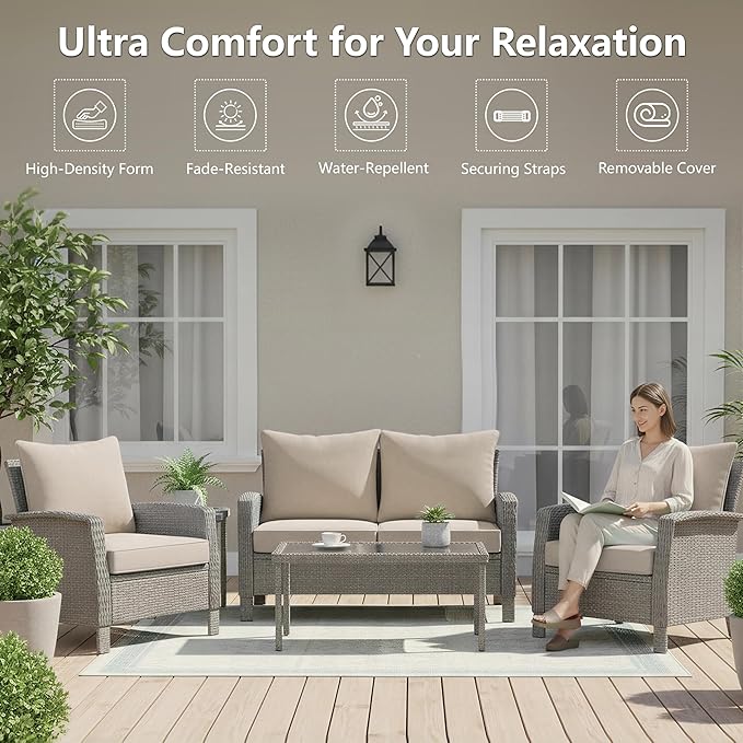 24x24 Inch Outdoor Chair Cushions Set of 4, Patio Furniture Cushions - Removable Cover, Water-Repellent, Fade-Resistant, Non-Slip Bottom & Straps, Replacement for Deep Seat Sofa & Couch - Cream