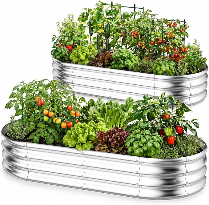 HOOPLE 2 Pack Raised Garden Bed 6x3x1FT, Galvanized Metal Raised Garden Bed Outdoor, Oval Design with Open Base for Better Drainage, Easy Gardening for Vegetables, Flowers & Herbs