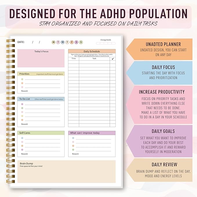 ADHD Planner for Women，Daily Productivity Planner with Task Management Organizer for Neurodivergent Adult,Teens , Self-Cares, Daily Schedule,To-Do List,Brain Dump,ADHD Journal with Cardboard Cover to Stay Organized and Focused (Colorful Leaves)