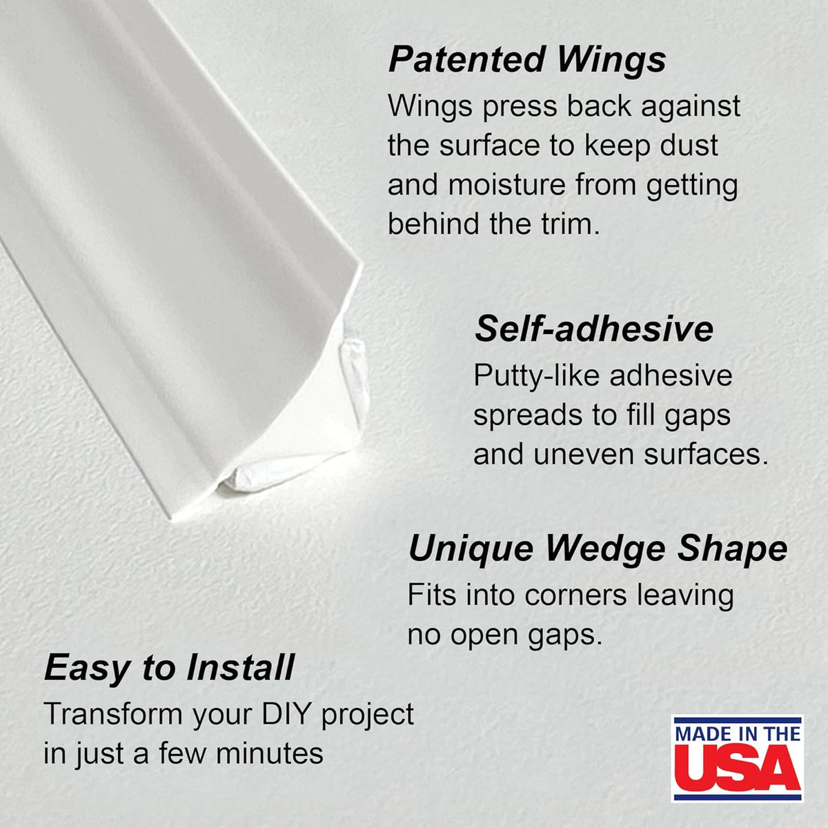 InstaTrim New & Improved Self-Adhesive Caulk Trim, 1/2" x 10', 2-Pack, Flexible, Waterproof, Stain Resistant for Bathroom, Floors, Walls, DIY Project, White