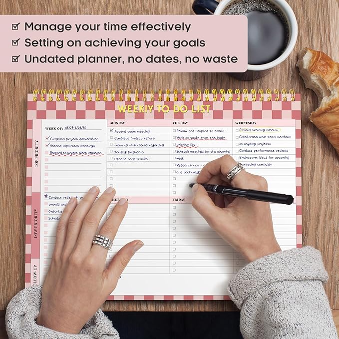 Taja Weekly To Do List Notepad with 52 Undated Sheets（8.5"×11"）- Weekly Desk Planner for Women & Man, Work and Home - 1 Pack Rose Checkered