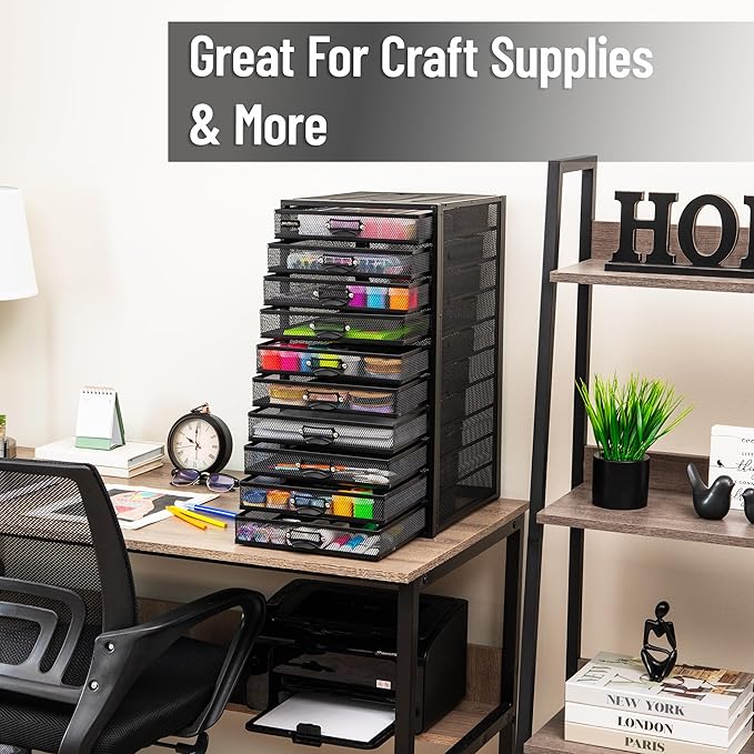 Mind Reader 10-Drawer Desk Organizer for Office Supplies, Crafts, Mail Sorting & More, Metal Mesh, 10.75"L x 14"W x 21.25"H, Black
