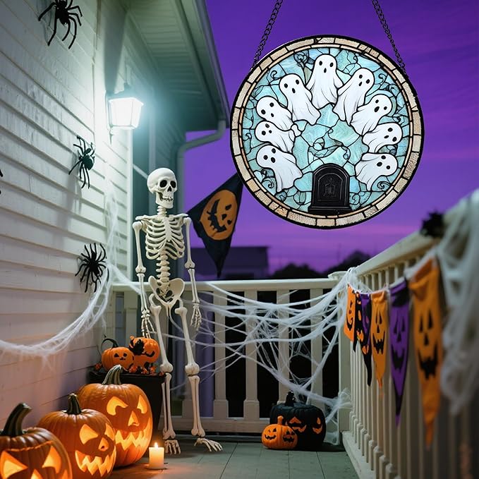Stained Glass Window Hanging - Halloween Decorations Ghosts Tombstones Suncatcher for Doors Garden Indoor Spooky Funny Sun Catchers Gothic Decor Horror Gifts for Women Men Friend 7.8 in