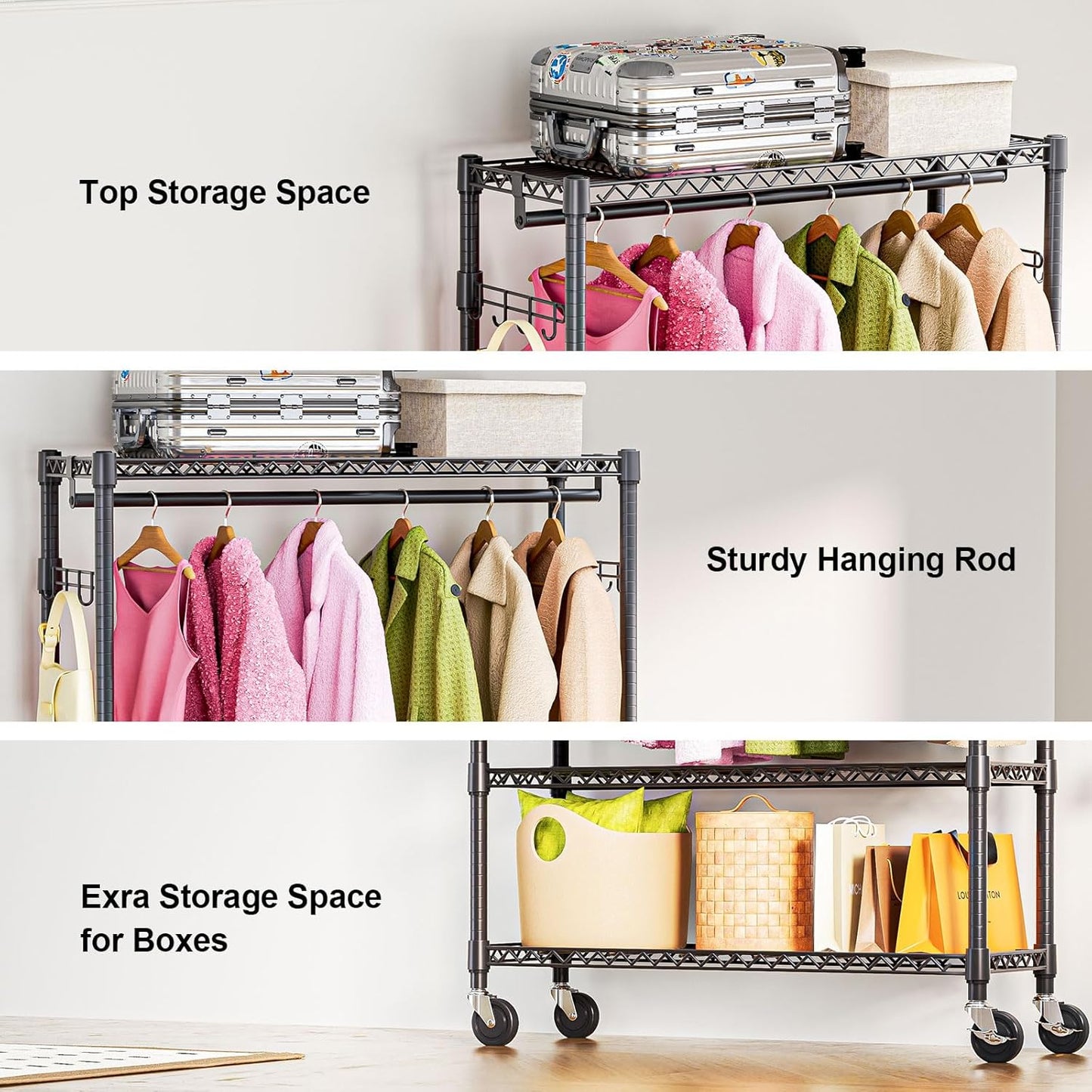 Heavy Duty Rolling Garment Rack 3 Tiers Adjustable Wire Shelving Clothes Rack with 1 Rods and Side Hooks,Storage Closet Clothing Rack with Wheels Black 15.7" D x 45.3" W x 75.6" H