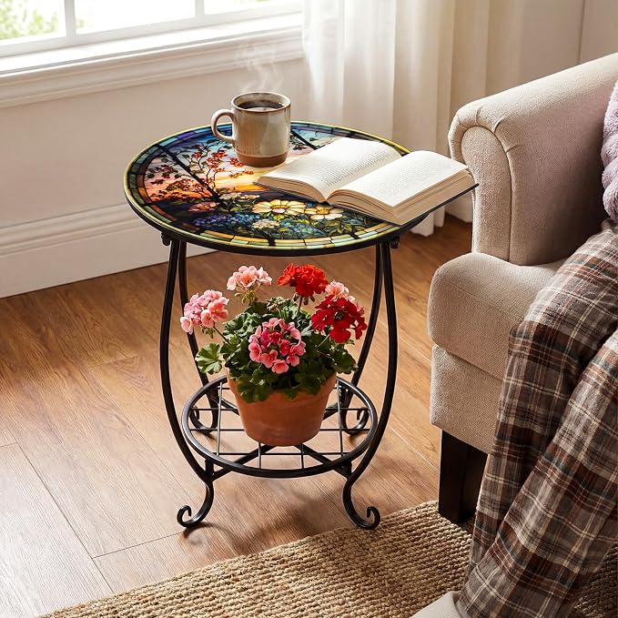 Cinnvoice Outdoor Side Table Round Small Mosaic Patio Accent Indoor End Plant Coffee Tea Table for Yard Patio Porch Garden Living Room, Bedroom(Sunset and Flowers,14 Inch)