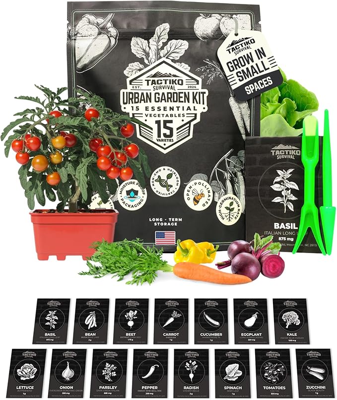 Tactiko Survival 15 Vegetable Seed Kit Varieties for Small Urban Garden, Balconies & Patios - Non-GMO, Heirloom - Popular USA-Grown Dwarf Seeds for Planting Vegetables - Indoor, Outdoor