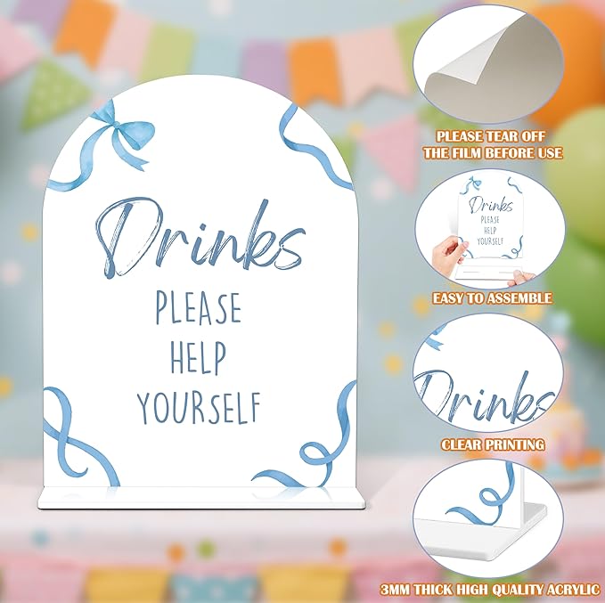 Drinks Please Help Yourself Sign - Blue Bow Baby Shower Sign, 1 Pack Arch Acrylic Sign with Stand, Gender Reveal Party Table Decor, Blue Baby Shower Supplies (SP10)