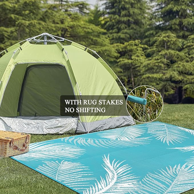 Pauwer Waterproof Outdoor Rug 6x9, Reversible Plastic Straw Patio Camping Rug, Indoor Outdoor RV Mat Carpet for Deck, Camper, Porch, Balcony, Backyard, Picnic, Leaf Teal