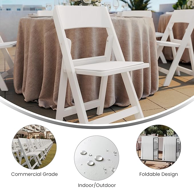 Flash Furniture Hercules Tucker Commercial White Resin Folding Chair - Lightweight, Vinyl Padded Removable Seat, Indoor Outdoor Use, Event & Wedding Ready