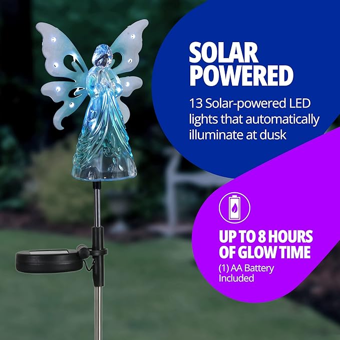 Exhart Garden Solar Lights, Decorative Angel Garden Stake, 13 LEDs, Cute Yard and Pathway Decor, Blue, 7 x 40 Inch