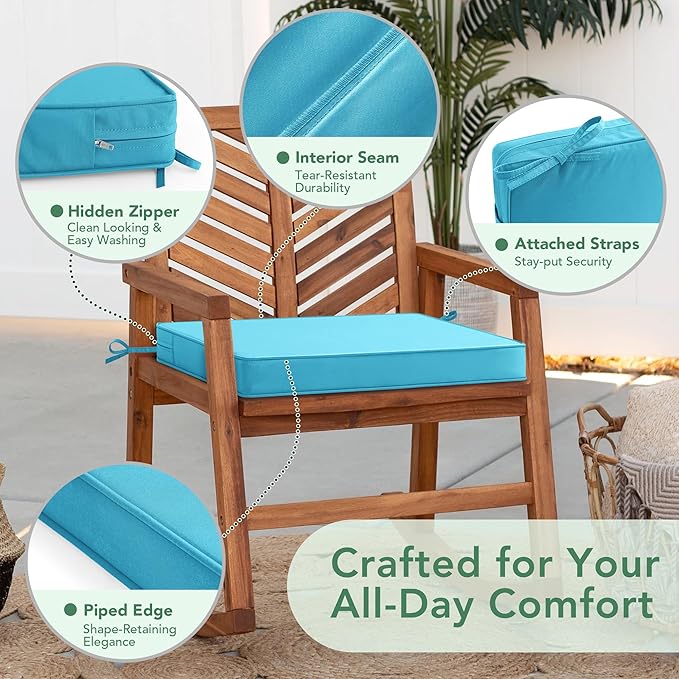 Outdoor Chair Cushions Set of 2: Waterproof & Fade Resistant Deep Seat Cushion for Patio Furniture - 24 x 24 x 3 Inch Chair Pads with Ties and Hidden Zipper - Patio Chair Cushion Replacement, Teal