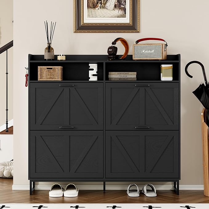 Shoe Cabinet with 4 Flip Drawers Narrow Shoe Storage Cabinet Organizer Wooden Freestanding Shoe Rack Hidden Slim Shoes Storage Cabinet for Entryway, Hallway, Living Room, Bedroom