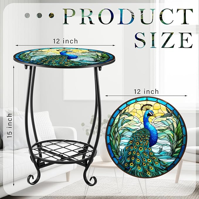 Cinnvoice Outdoor Side Table Round Small Mosaic Patio Accent Indoor End Plant Coffee Tea Table for Yard Patio Porch Garden Living Room, Bedroom(Peacock Style,12 Inch)