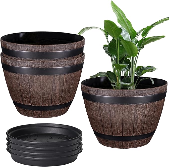 VECELO Plant Pots with Drainage Holes & Saucer, 13 Inch Flower Pots with Tray, 3 Pack Plastic Whiskey Barrel Planters for Indoor & Outdoor Garden Home Plants and Flowers