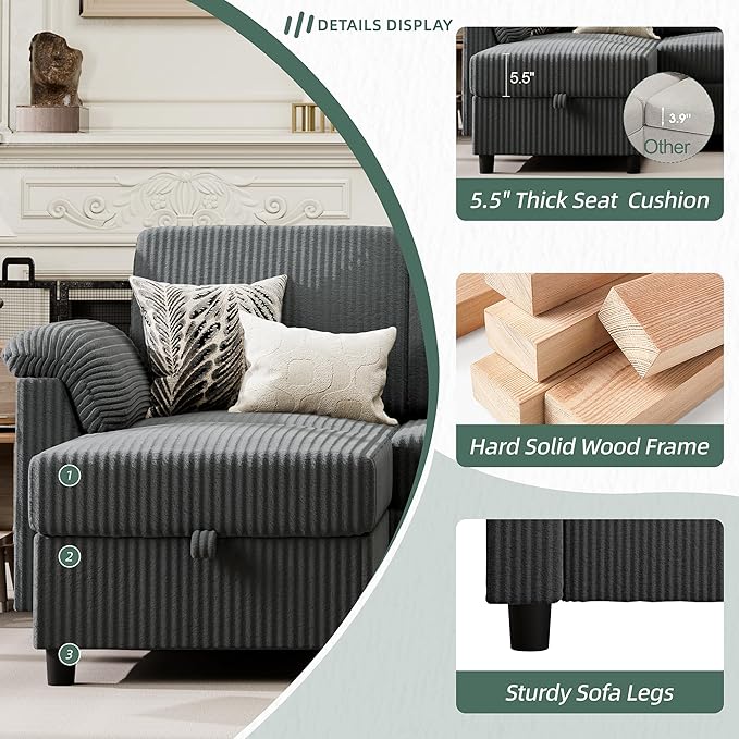 Vongrasig 79" Convertible Sectional Couches Sofa with Storage Ottoman, 3 Seat L Shaped Couch with Side Storage Pockage, Small Couches for Living Room, Apartment and Small Space, Grey