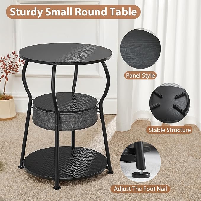 Small Round Side Table with Storage Bag, 3-Tier Accent Round End Table with Storage Shelves for Living Room, 21.6" H Vintage Small Corner Table for Smalls Spaces (D - 15.8 in Black)