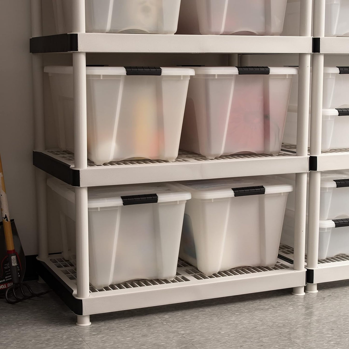 IRIS USA 54 Qt Stackable Plastic Storage Bins with Lids, 4 Pack - BPA-Free, Made in USA - Discreet Organizing Solution, Latches, Durable Nestable Containers, Secure Pull Handle - Pearl