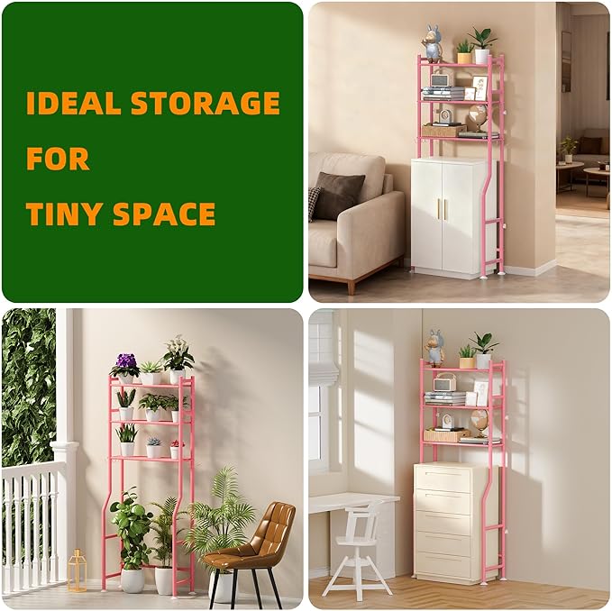 3-Tier Over Toilet Storage with Anti-Tilt Safety System - 150lb Total Capacity Metal Bathroom Shelves Including Paper Holder & 4 Hooks, Space Saving Above Commode Organizer (64" H, Pink)