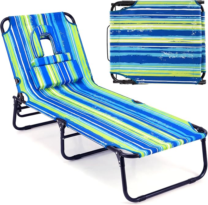 GYMAX Tanning Chair, Folding Lounge Chairs with Face Hole & Cover, Removable Pillow Carry Handle, Portable Compact Outdoor Layout Recliner for Beach, Poolside, Lawn, Patio, Camping (Blue Stripe,1)