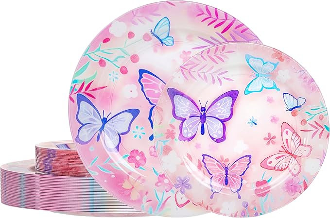 WELLIFE 20PCS Butterfly Birthday Plates – Plastic Dinner & Dessert Plates (10×9.2" + 10×6.3") for Girls Party, Kids Birthday, Magical Butterfly Party Supplies