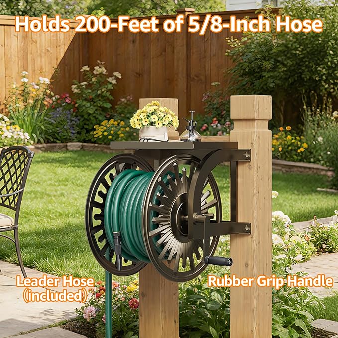 GOFORWILD Metal Decorative Wall Mount Hose Reel - Heavy Duty, Leak-Proof Connection, Holds 200ft x 5/8 Hose, Bronze Finish, Easy Assembly