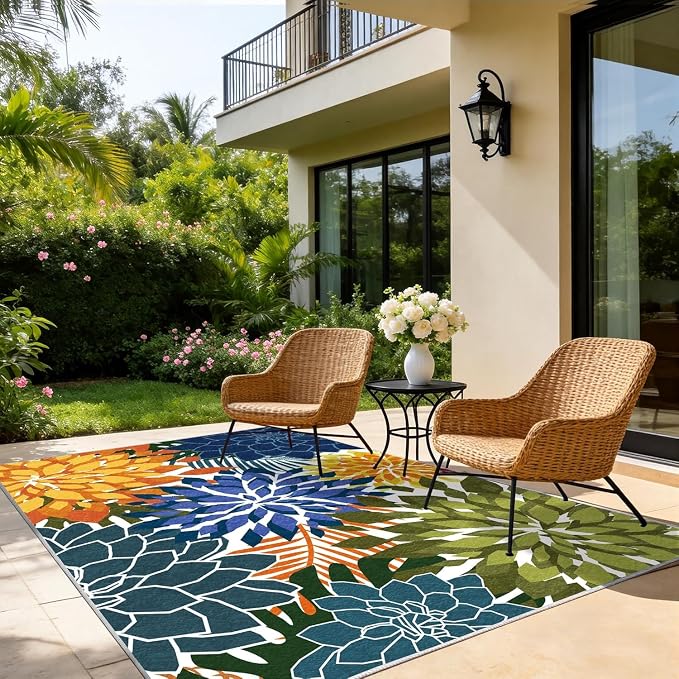 ZonLi Colorful Outdoor Rug 9x12Ft Waterproof Multicolored Indoor Area Rug Washable Outdoor Patio Rugs Tropical Floral Non Slip Outdoor Carpet for Living Room, Pool,Backyard,Deck,Camping