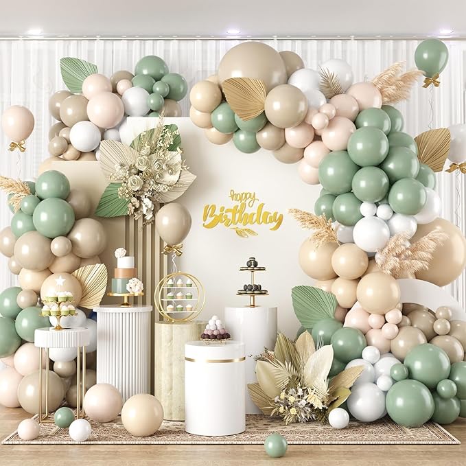 Sage Green Balloon Arch Kit,122Pcs Green Sand White Nude Apricot Matte Neutral Balloons for Baby Shower Boho Wedding Bridal Engagement Gender Reveal Anniversary Graduation Birthday Party Decorations