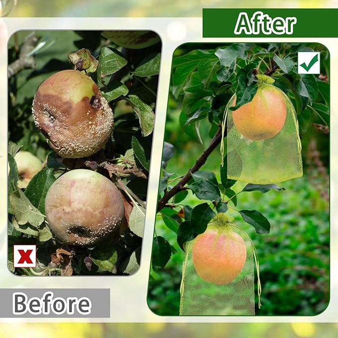 DECYOOL 120 PCS Fruit Protection Bags 8x12 inch, Green Fruit Bags for Fruit Trees Fruit Netting Cover Drawstring Mesh Bags Suit for Mangoes Tomatoes Fruit Trees Veggies Garden