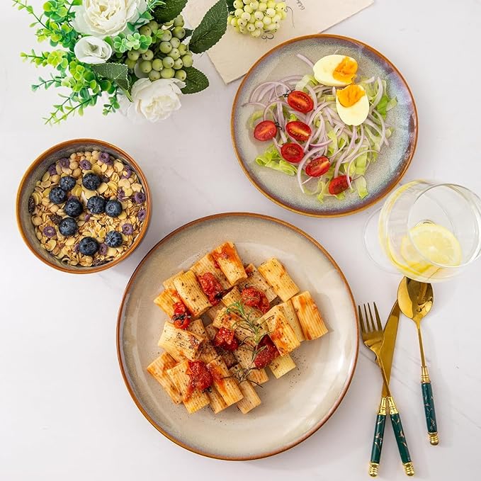 LeRatio Ceramic Dinnerware Sets for 6,18-Piece Plates and Bowls,Handmade Reactive Glaze Dishes Set,Chip Resistant and Scratch Resistant | Oven Dishwasher & Microwave Safe,Service for 6-Kahki