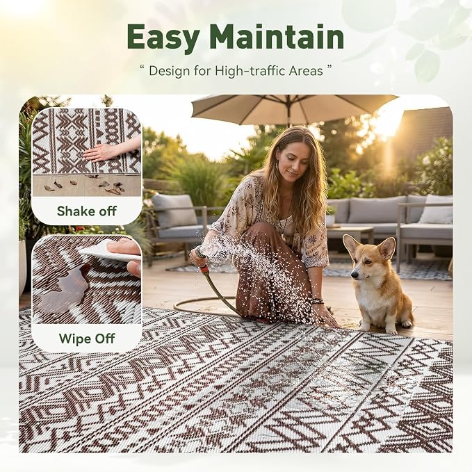 MontVoo Outdoor Rug 8x10 Waterproof Outdoor Patio Rug Mat Reverisble Plastic Straw Outdoor Rug for RV Camping Picnic Beach Balcony Boho Beige Brown