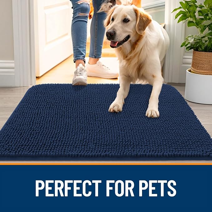OLANLY Dog Door Mat for Muddy Paws 59x35, Absorbs Moisture and Dirt, Absorbent Non-Slip Washable Doormat, Quick Dry Chenille Mud Mat for Dogs, Entry Indoor Entryway Carpet for Inside Floor, Dark Blue