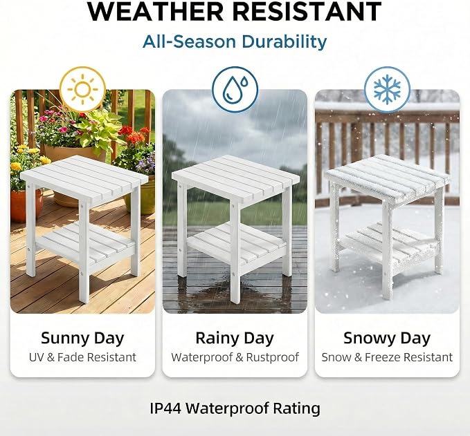 PASAMIC 2-Tier Adirondack Square Outdoor Side Table, HDPE Small Outdoor Table, Patio End Table for Patio, Pool, Backyard, Weather-Resistant (White)