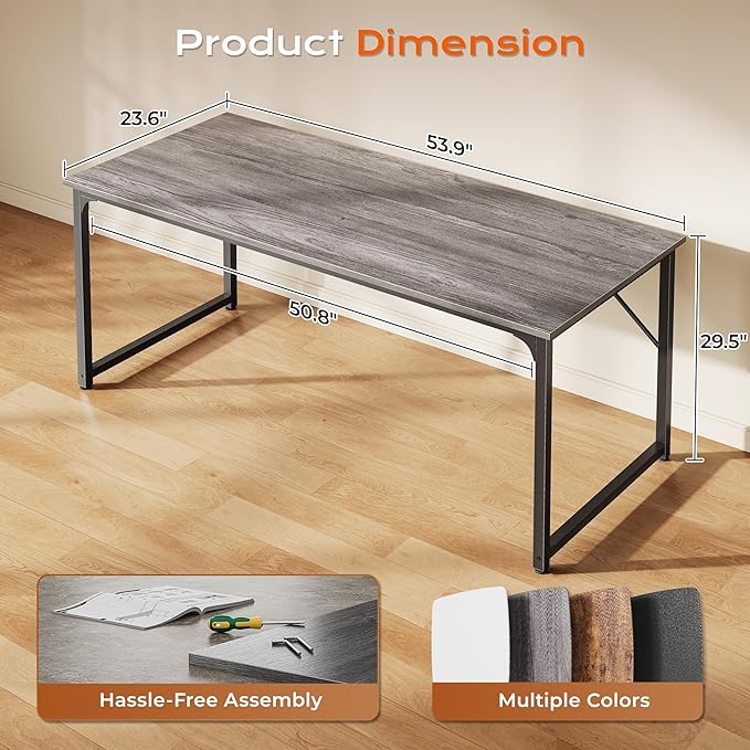 PRAISUN 55 X 24 Inch Computer Desk with Deeper Desktop, Gaming Office Writing Work Desk for Home Office, Study, Bedroom, Work from Home, Metal Frame, Grey
