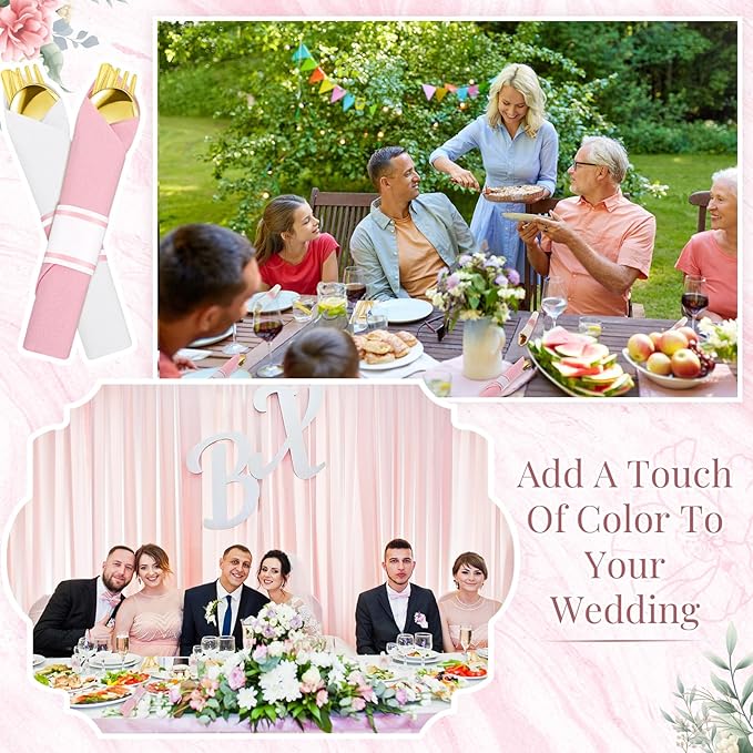 Lasnten 50 Pcs Pre-rolled Pink White Gold Plastic Silverware Set Disposable Plastic Cutlery Set with 50 Napkins, 50 Knives, 50 Forks and 50 Spoons for Wedding Birthday Parties