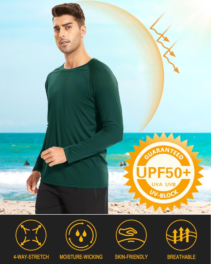 MAGCOMSEN Men's Dark Green Long Sleeve Athletic Shirt UPF 50+ Sun Protection Quick Dry Polyester